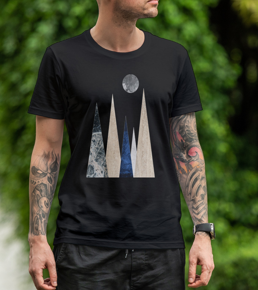 Scandi Mountain Scene With Marble And Blue Textured Peaks Under Moon T-Shirt