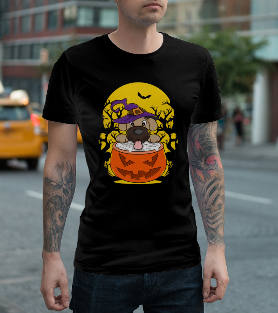 Halloween Puppy in Pumpkin with Witch Hat and Bat Moon T-Shirt