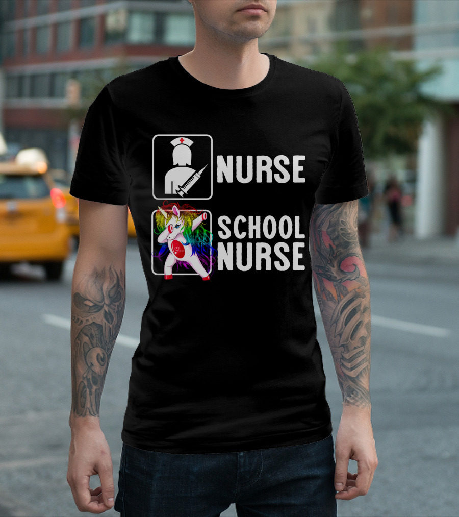 Nurse School Nurse Unicorn Rainbow Contrast T-Shirt