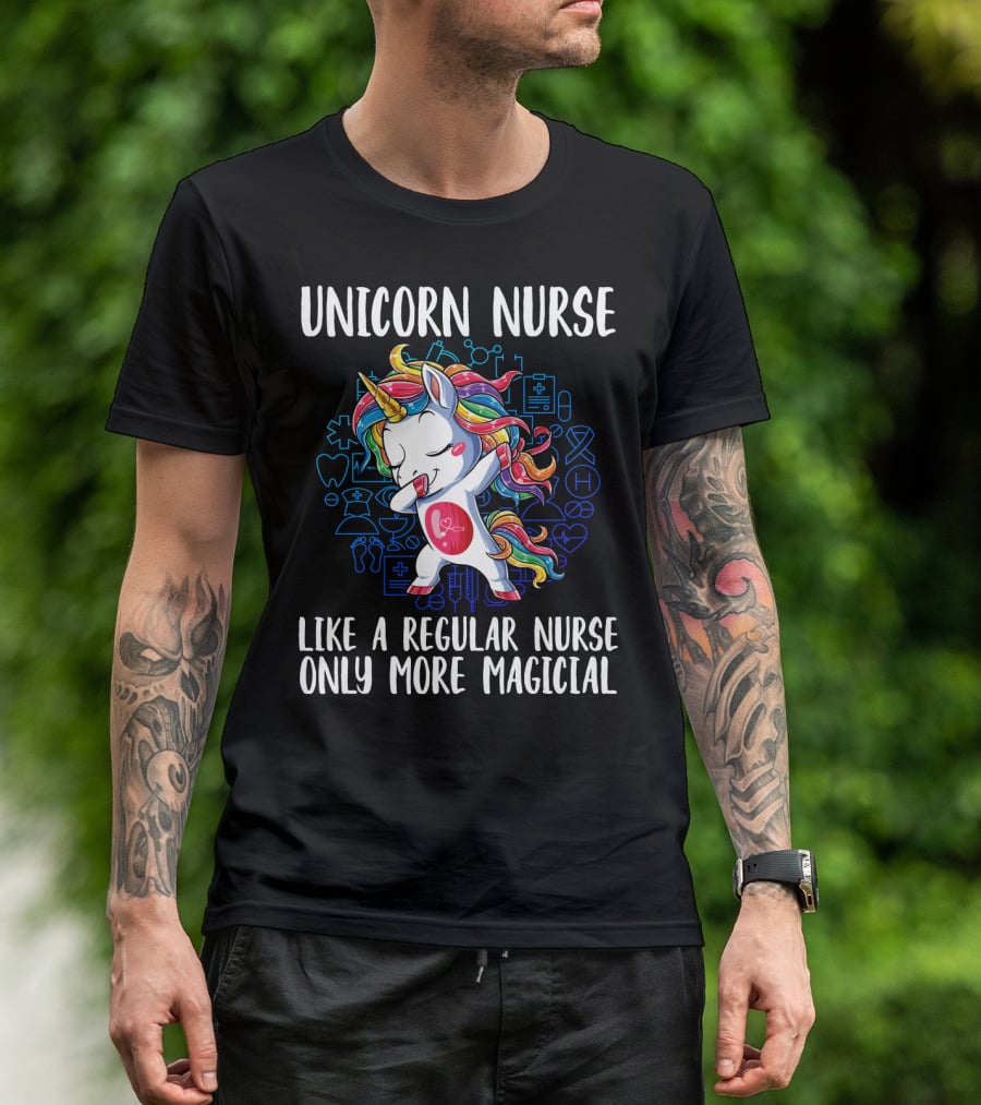 Unicorn Nurse Like A Regular Nurse Only More Magical With Colorful Rainbow Hair And Medical Symbols T-Shirt