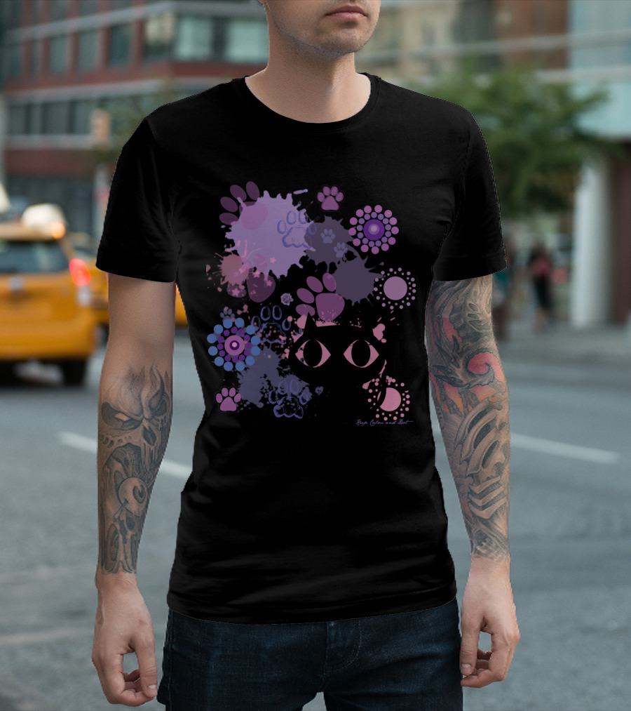 Island Paws Cat Silhouette and Colorful Paw Prints by Robyn Gabel Purr T-Shirt