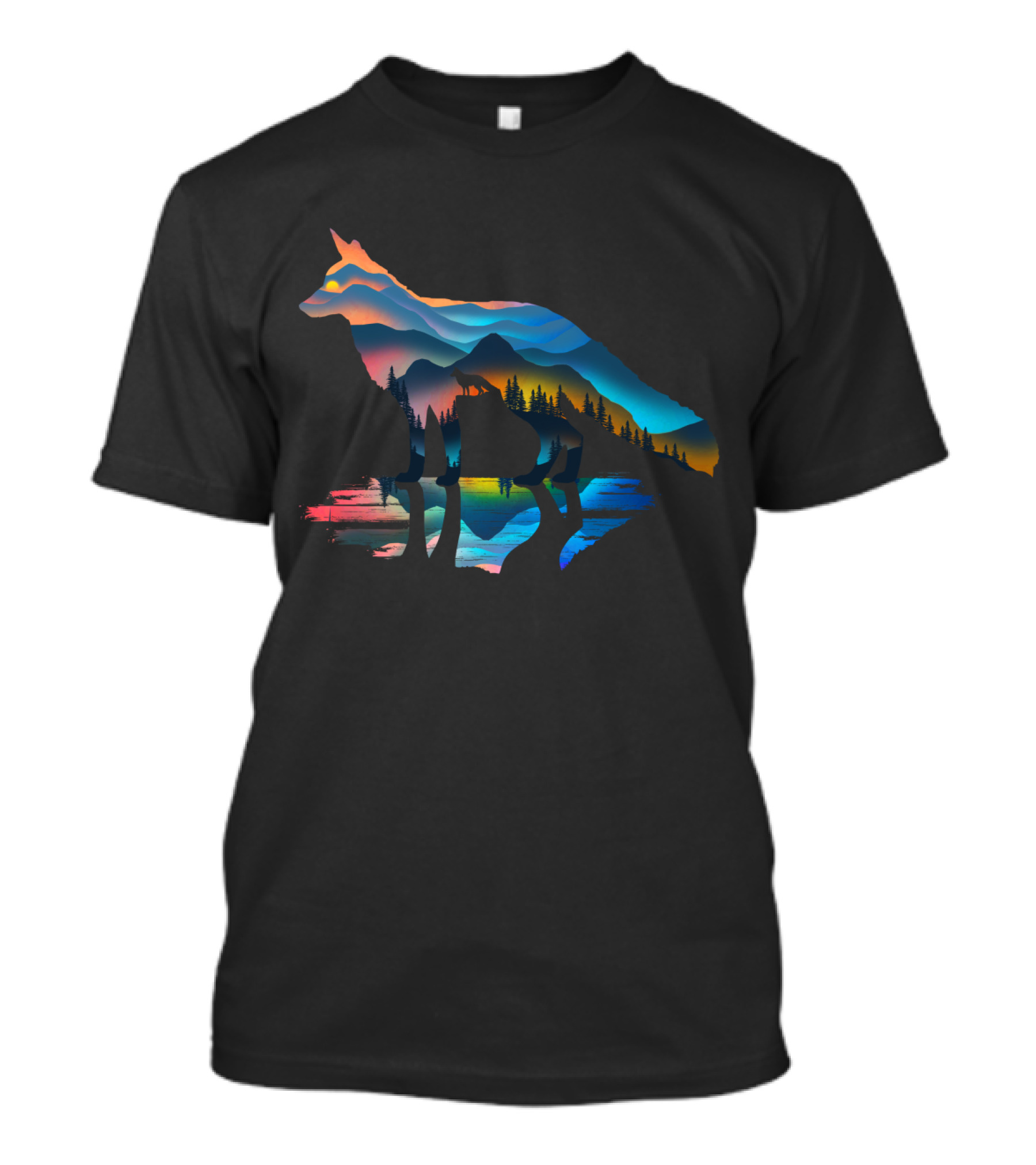 Mountain Fox Sunset Silhouette With Colorful Landscape And Reflections T-Shirt
