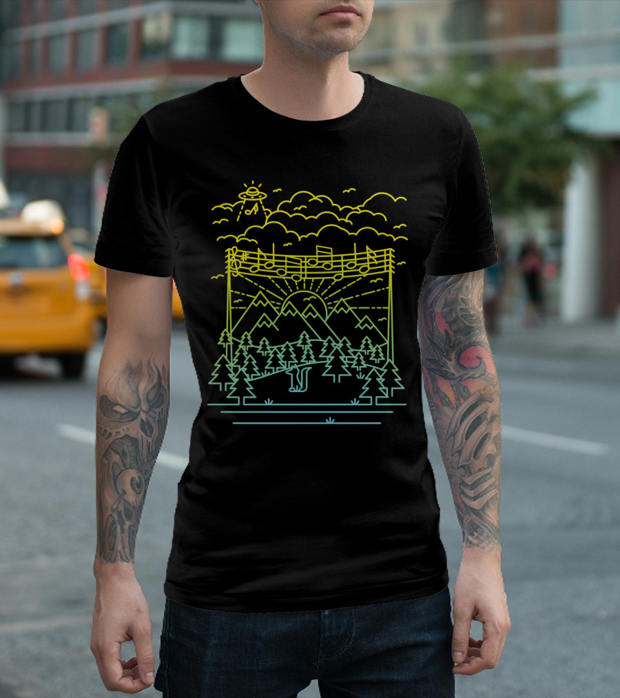 Neon UFO Discovering Musical Landscape Over Scenic Mountain Range with Forest and Sunset T-Shirt