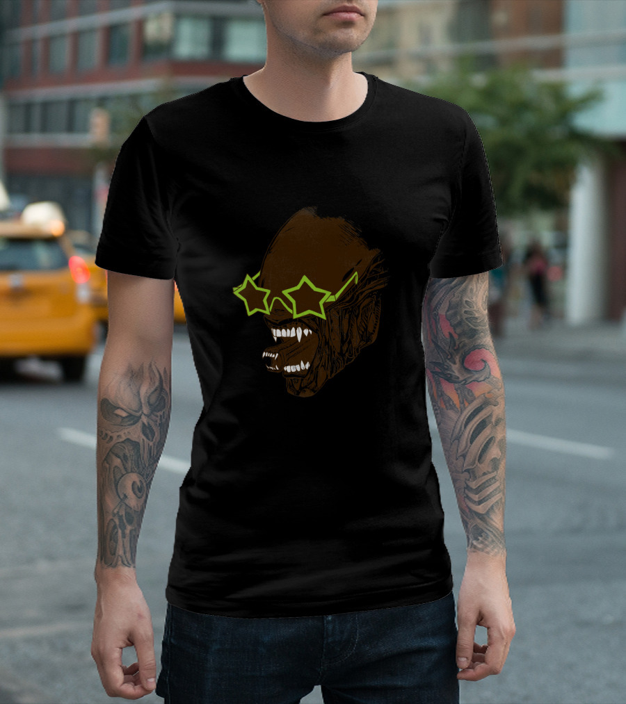 Star-Shaped Sunglasses on Monster Head Celebrimorph T-Shirt