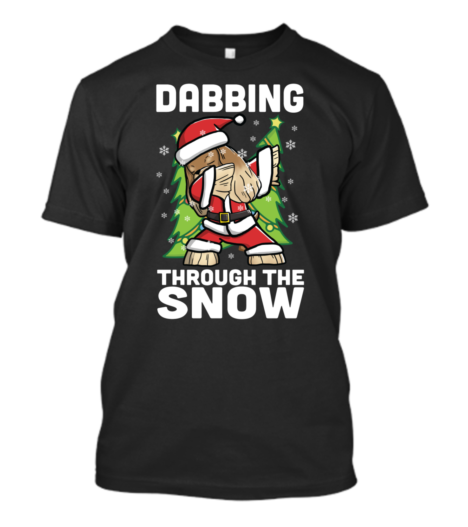 Cocker Spaniel Dabbing In Santa Outfit With Christmas Trees And Snowflakes T-Shirt