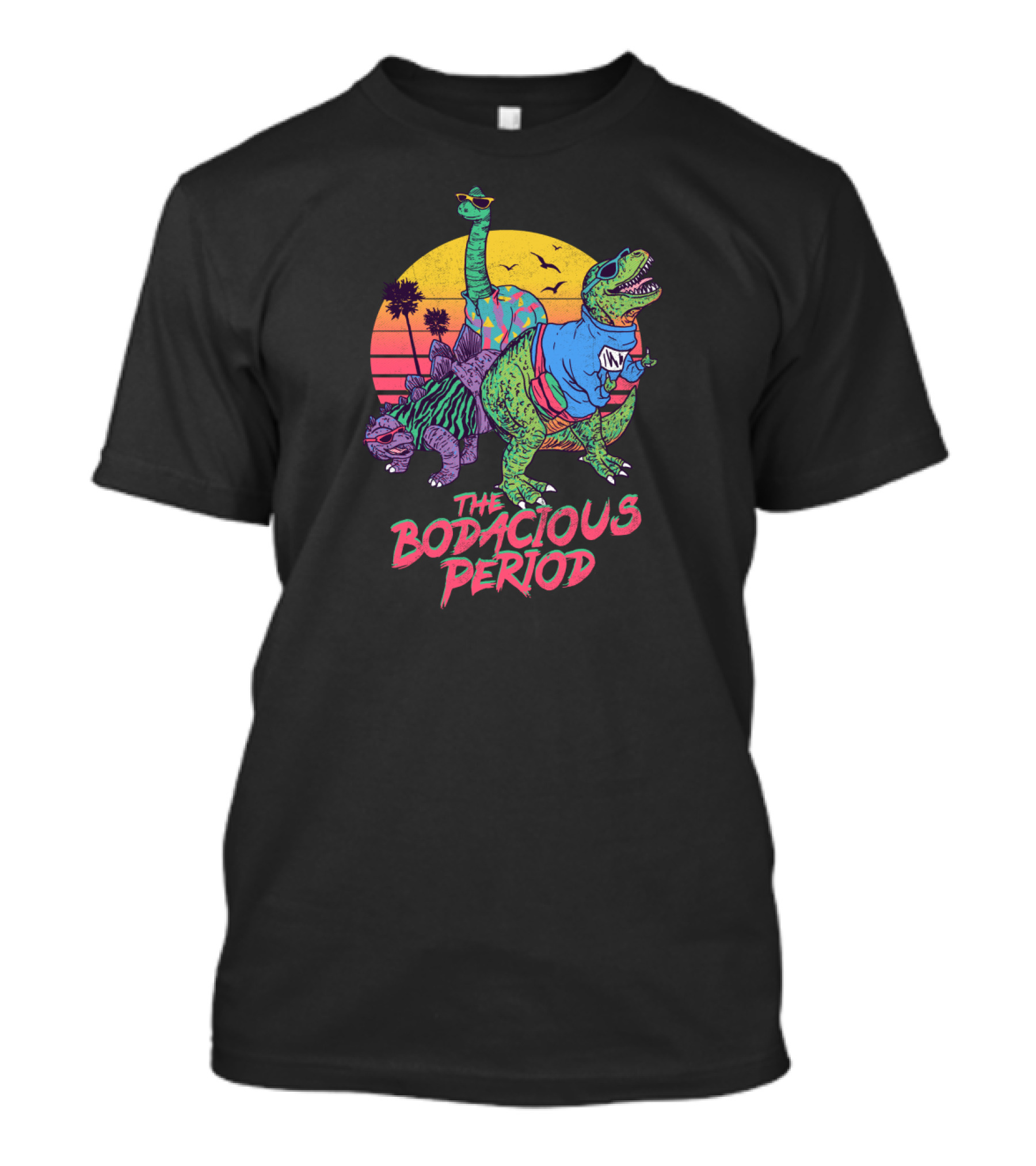 The Bodacious Period Dinosaurs In 80s Retro Style With Sunglasses And Tropical Sunset T-Shirt