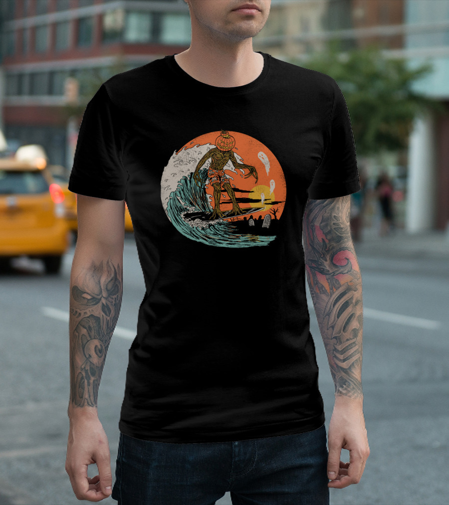 Carve The Wave Halloween Pumpkin Ghost Surfer on Spooky Sunset Ocean Scene T-Shirt
