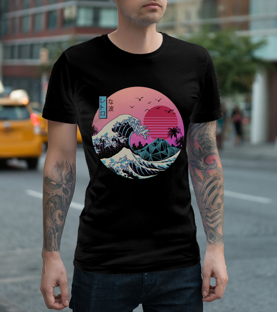 Retro Wave Sunset Palm Trees Skyline Geometric Mountains and Seagulls T-Shirt
