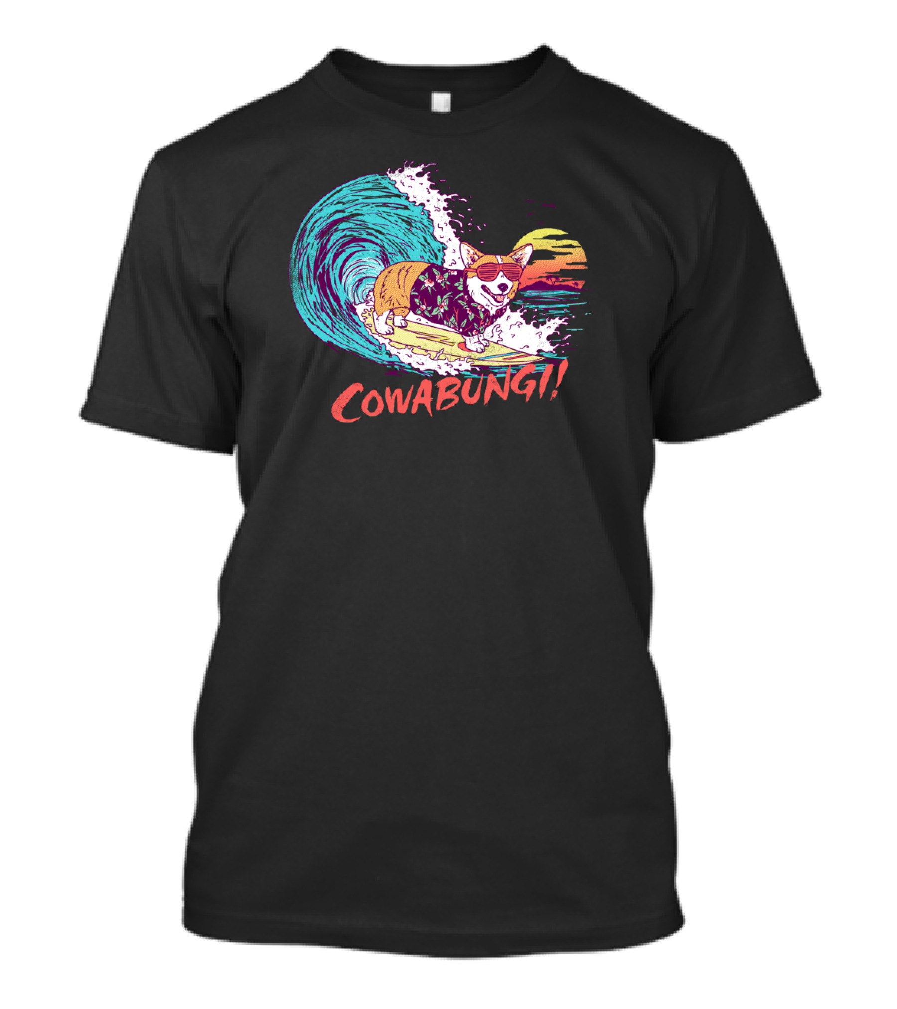 Cowabungi Corgi Surfing Wave Sunset Sunglasses T-Shirt