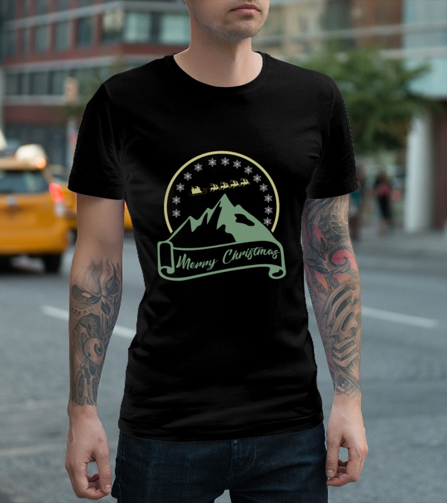Merry Christmas Mountain Santa Sleigh and Snowflakes in Night Sky T-Shirt