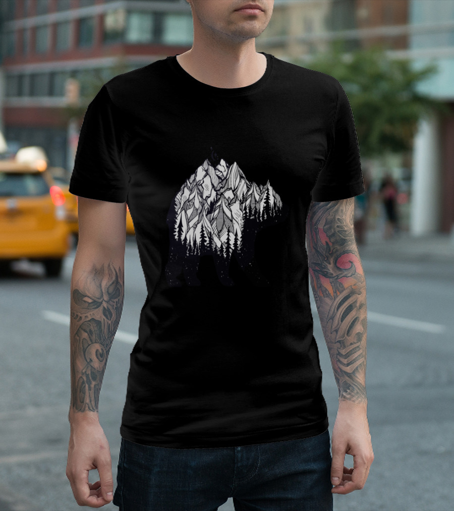 Mountain Bear Silhouette With Double Exposure Of Forest And Peaks T-Shirt