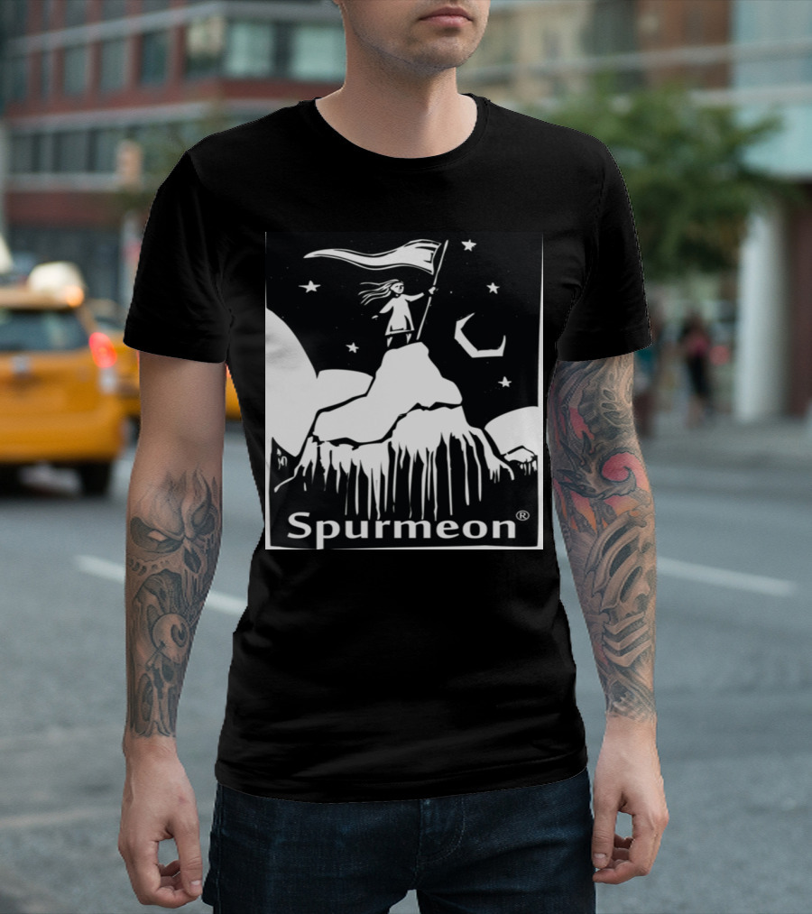 Spurmeon Mountain Girl Standing on Peak with Flag Under Starry Sky T-Shirt
