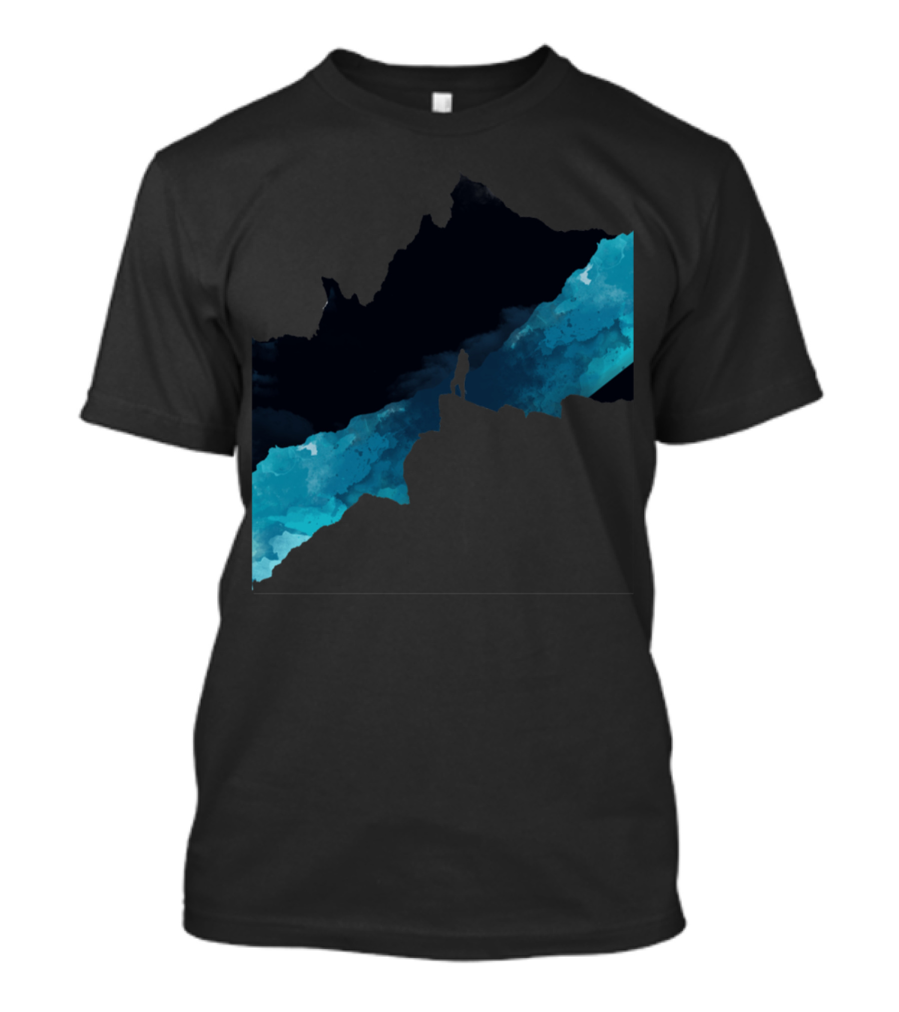 Dark Mountains Silhouette Over Blue Cosmic Landscape T-Shirt