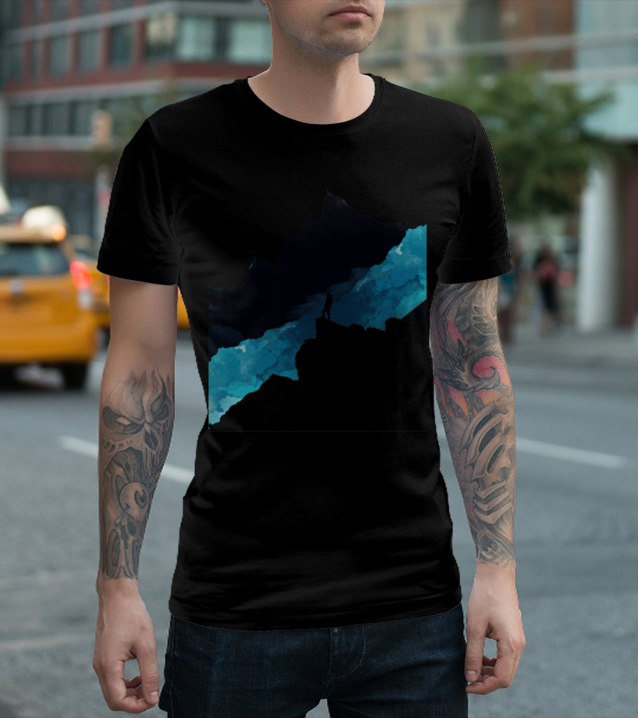 Dark Mountains Silhouette Over Blue Cosmic Landscape T-Shirt