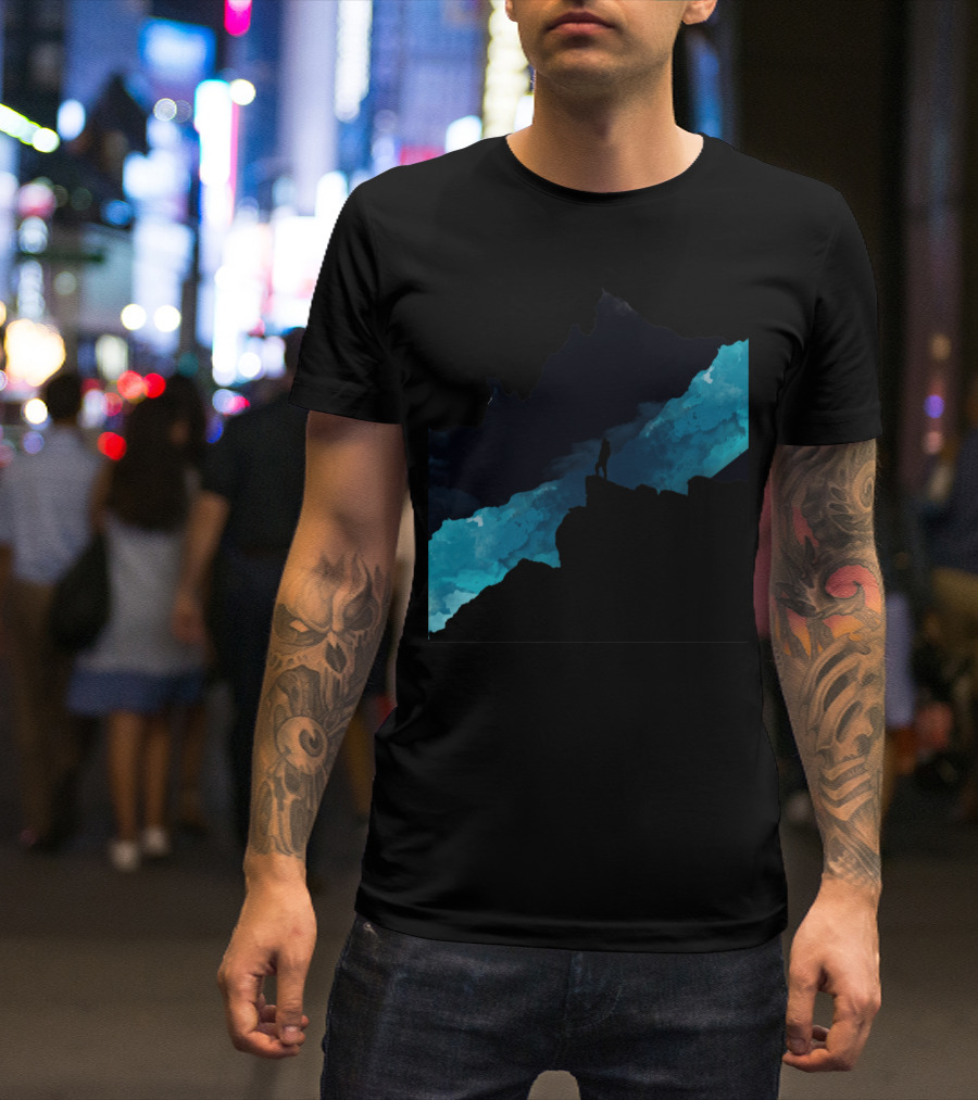 Dark Mountains Silhouette Over Blue Cosmic Landscape T-Shirt