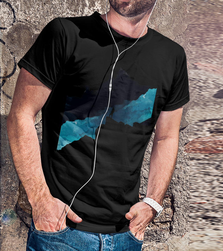 Dark Mountains Silhouette Over Blue Cosmic Landscape T-Shirt