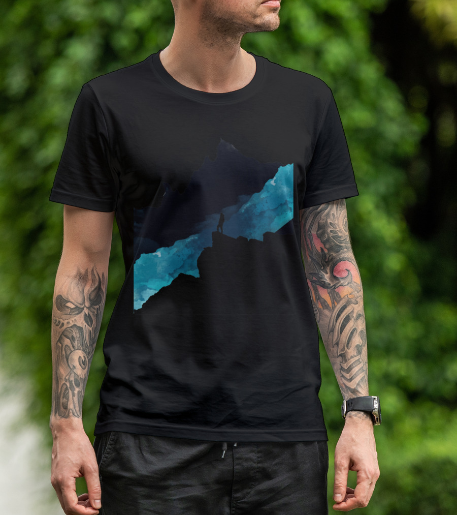 Dark Mountains Silhouette Over Blue Cosmic Landscape T-Shirt