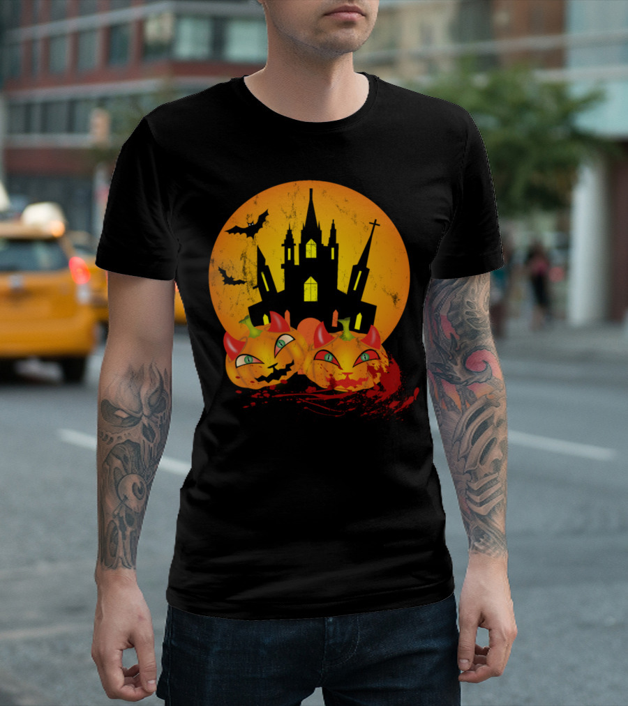 Castle with Pumpkin Haunted Halloween Moon and Devil Pumpkins T-Shirt