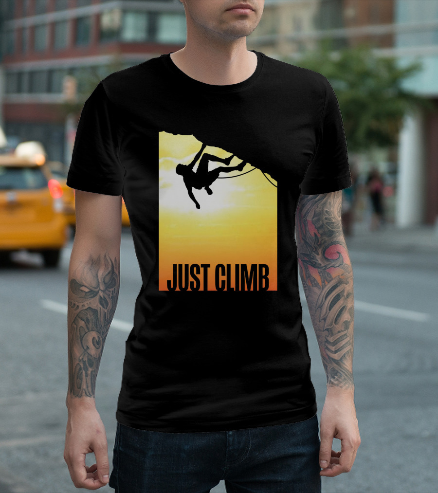 Just Climb Silhouette Against Sunset Cliff Edge Adventure T-Shirt