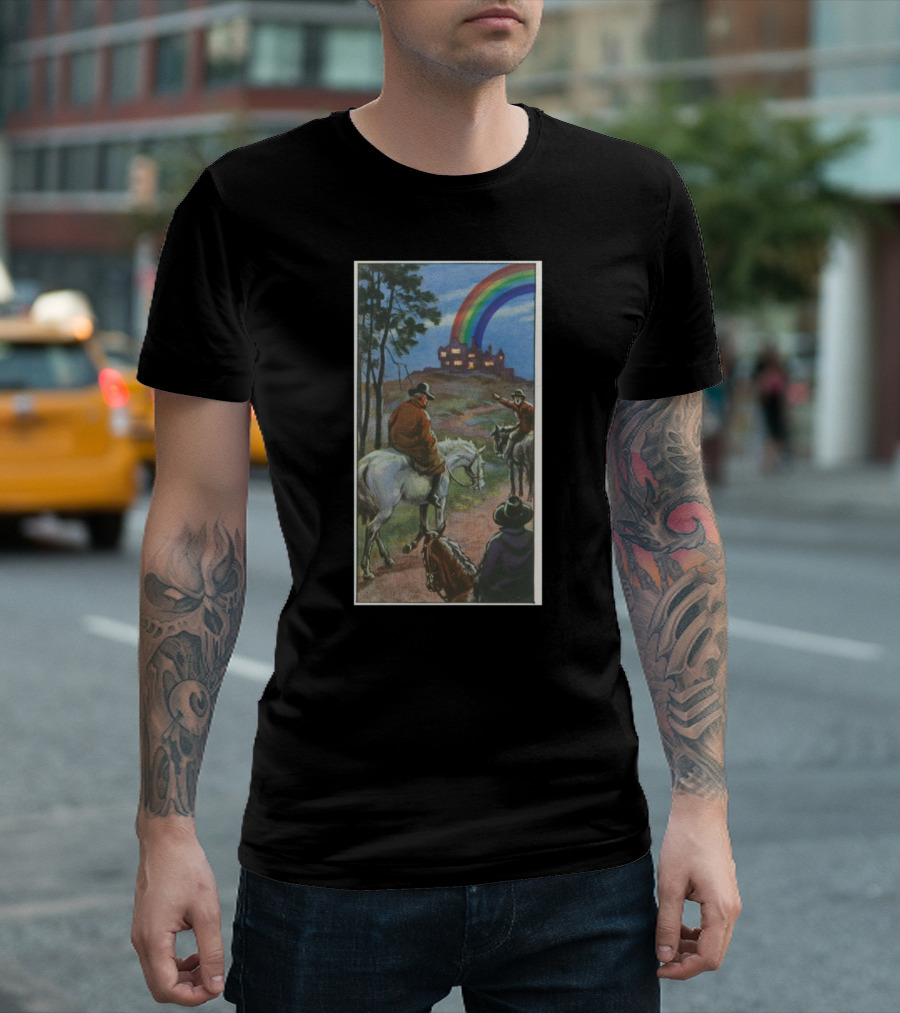 Heauxback Mountain Cowboy and Rainbow Castle Vintage Scene T-Shirt