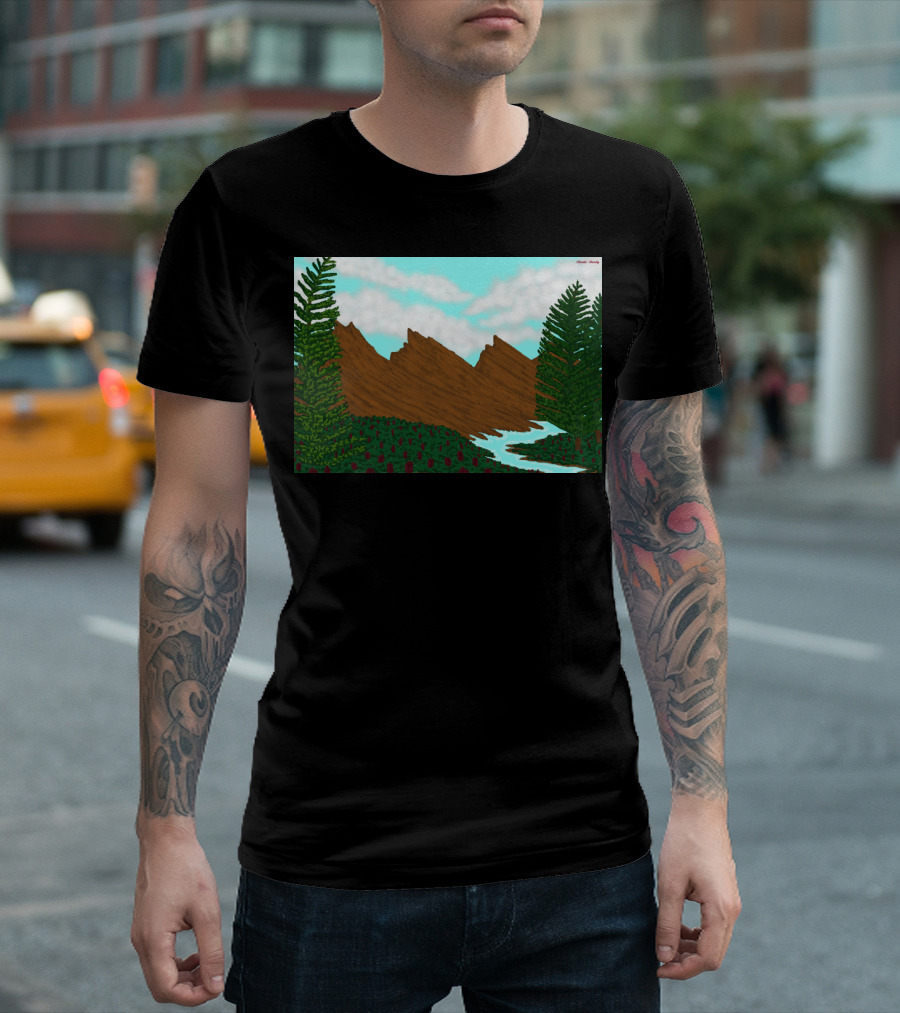 Brown Mountains Landscape with Evergreen Trees and Flowing River by Daniel Moody T-Shirt