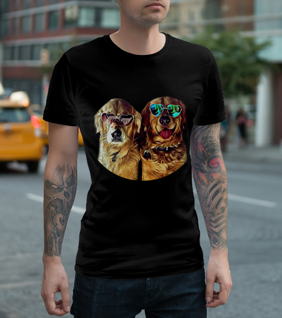 Golden Retrievers with Heart-Shaped Sunglasses in Love T-Shirt