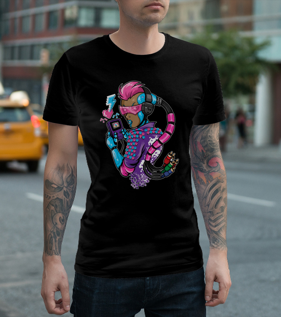 Electric Lady Gamer with Retro Game Console and Pixel Art Lightning Bolt T-Shirt