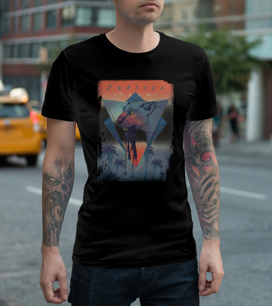 Endless Palm Tropical Panther with Geometric Sunset and Palm Trees T-Shirt