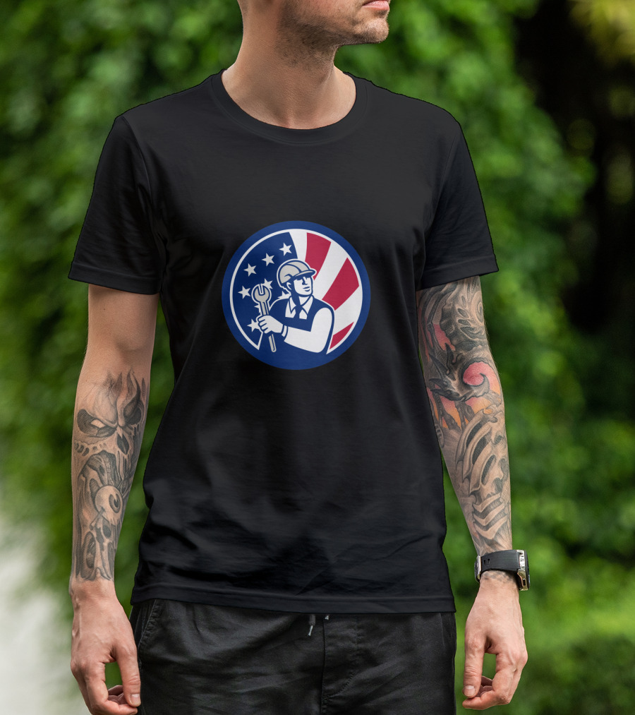 American Engineer Holding Wrench With USA Flag T-Shirt