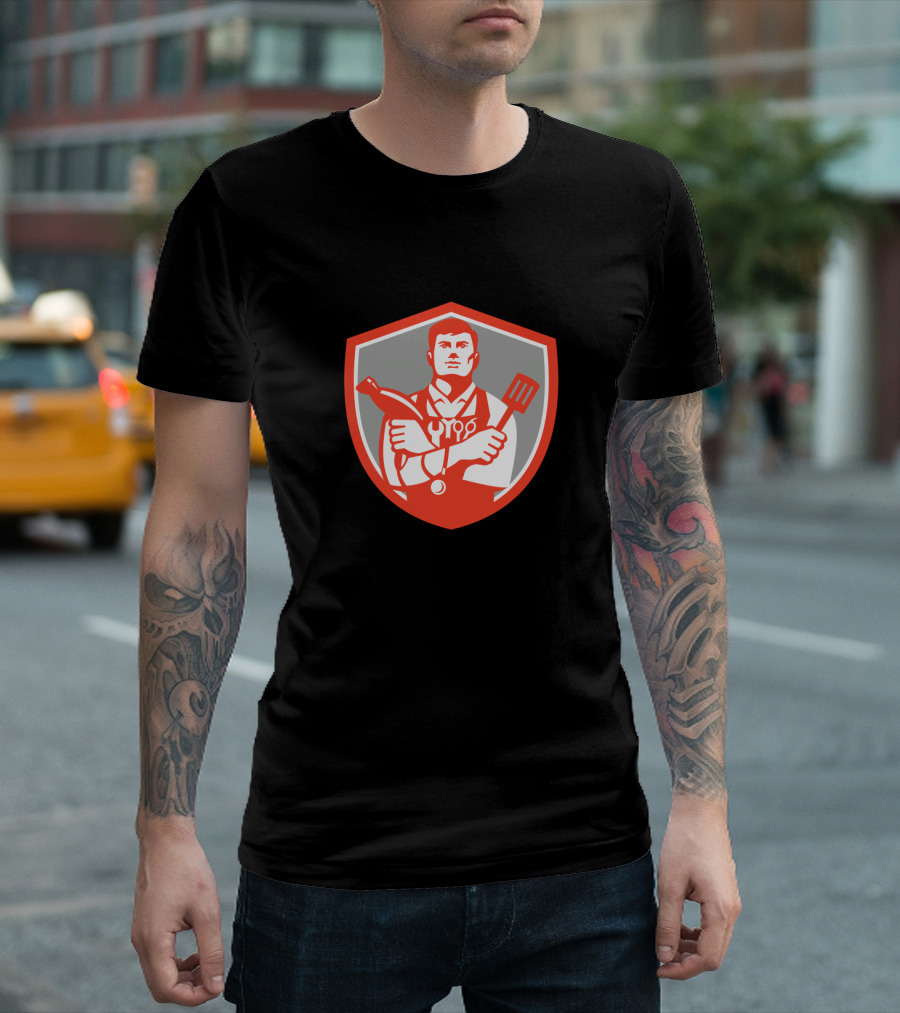 Jack Of All Trades Crest With Tools Sausage Scissors Hammer Spatula In Red Shield Emblem T-Shirt
