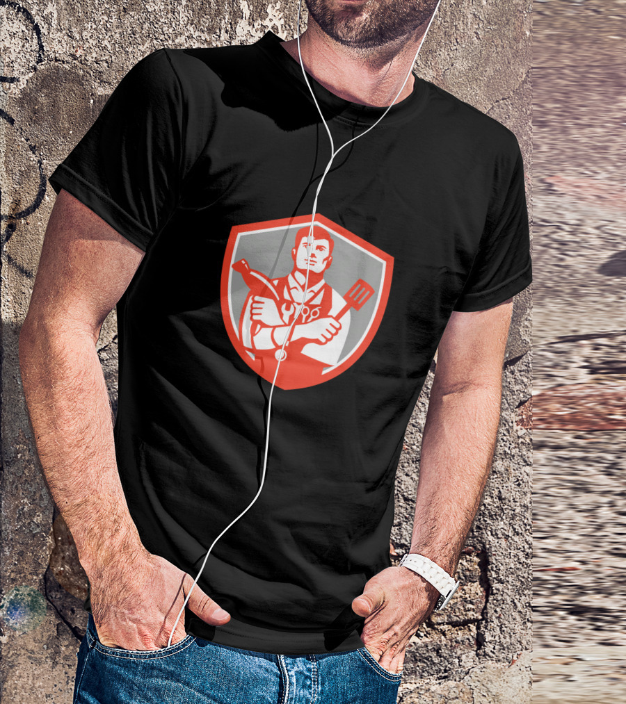Jack Of All Trades Crest With Tools Sausage Scissors Hammer Spatula In Red Shield Emblem T-Shirt