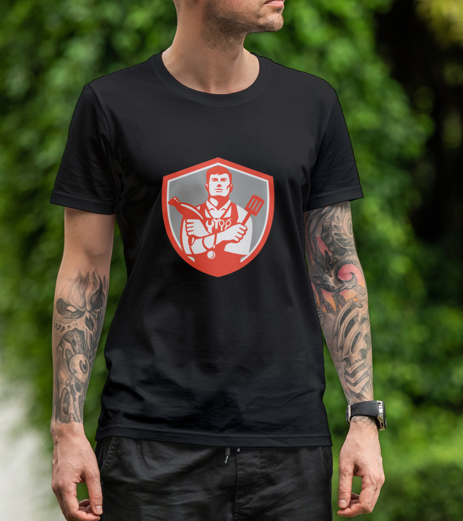 Jack Of All Trades Crest With Tools Sausage Scissors Hammer Spatula In Red Shield Emblem T-Shirt