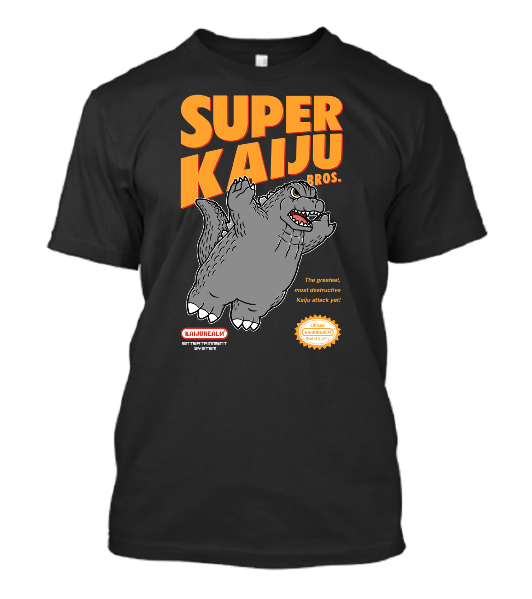 Super Kaiju Bros The Greatest Most Destructive Kaiju Attack Yet Kaijurealm Entertainment System Official Seal Of Quality T-Shirt