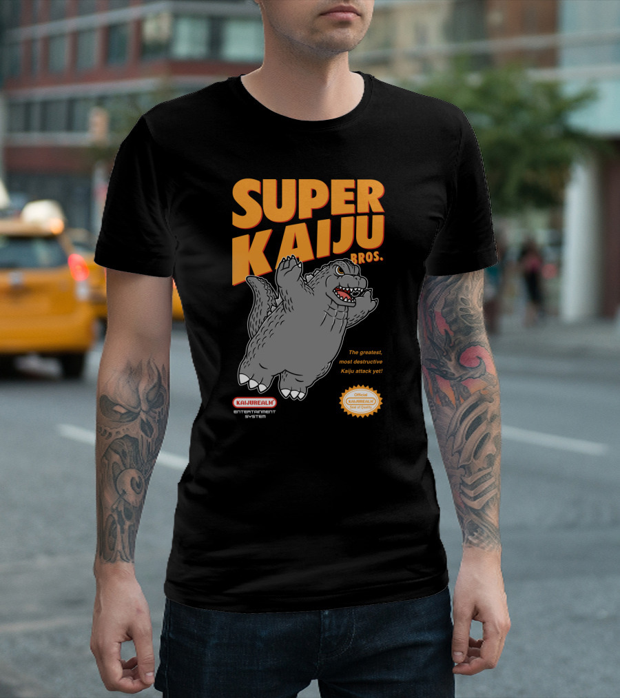 Super Kaiju Bros The Greatest Most Destructive Kaiju Attack Yet Kaijurealm Entertainment System Official Seal Of Quality T-Shirt