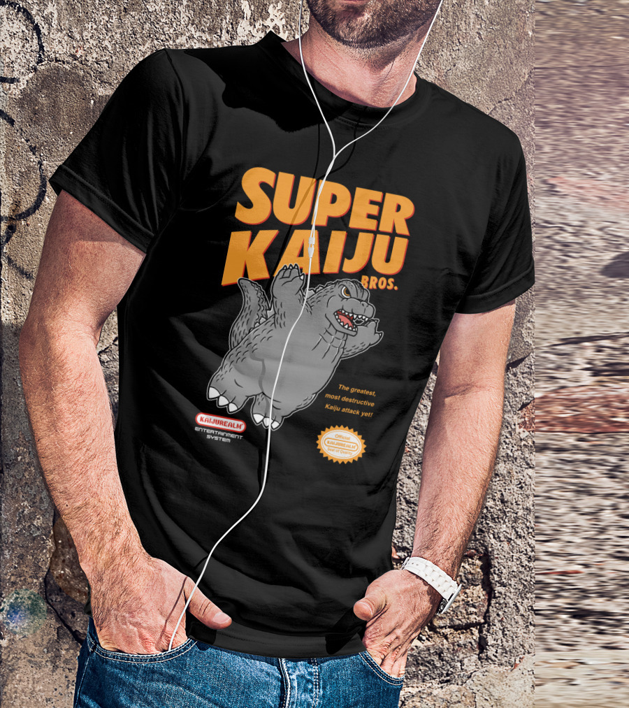 Super Kaiju Bros The Greatest Most Destructive Kaiju Attack Yet Kaijurealm Entertainment System Official Seal Of Quality T-Shirt