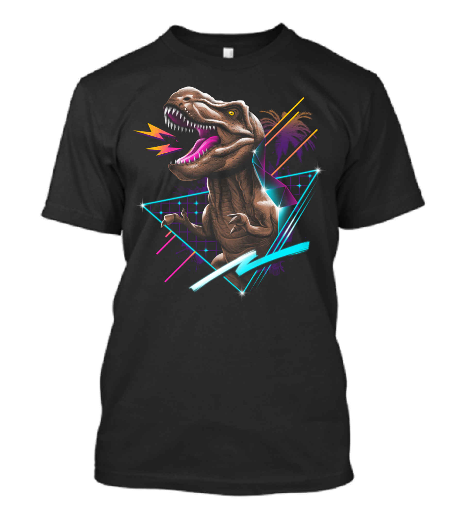 Retro Dinosaur Neon Synthwave Vaporwave Aesthetic With Geometric Elements And Palm Trees T-Shirt