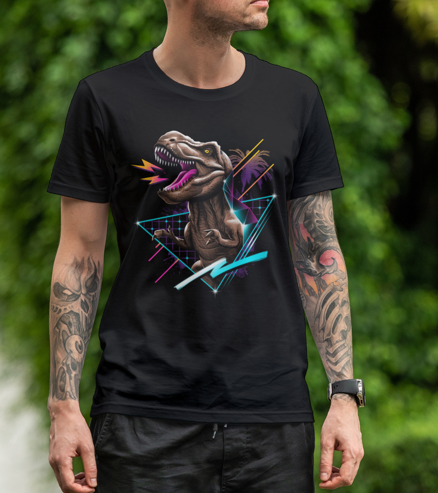 Retro Dinosaur Neon Synthwave Vaporwave Aesthetic With Geometric Elements And Palm Trees T-Shirt