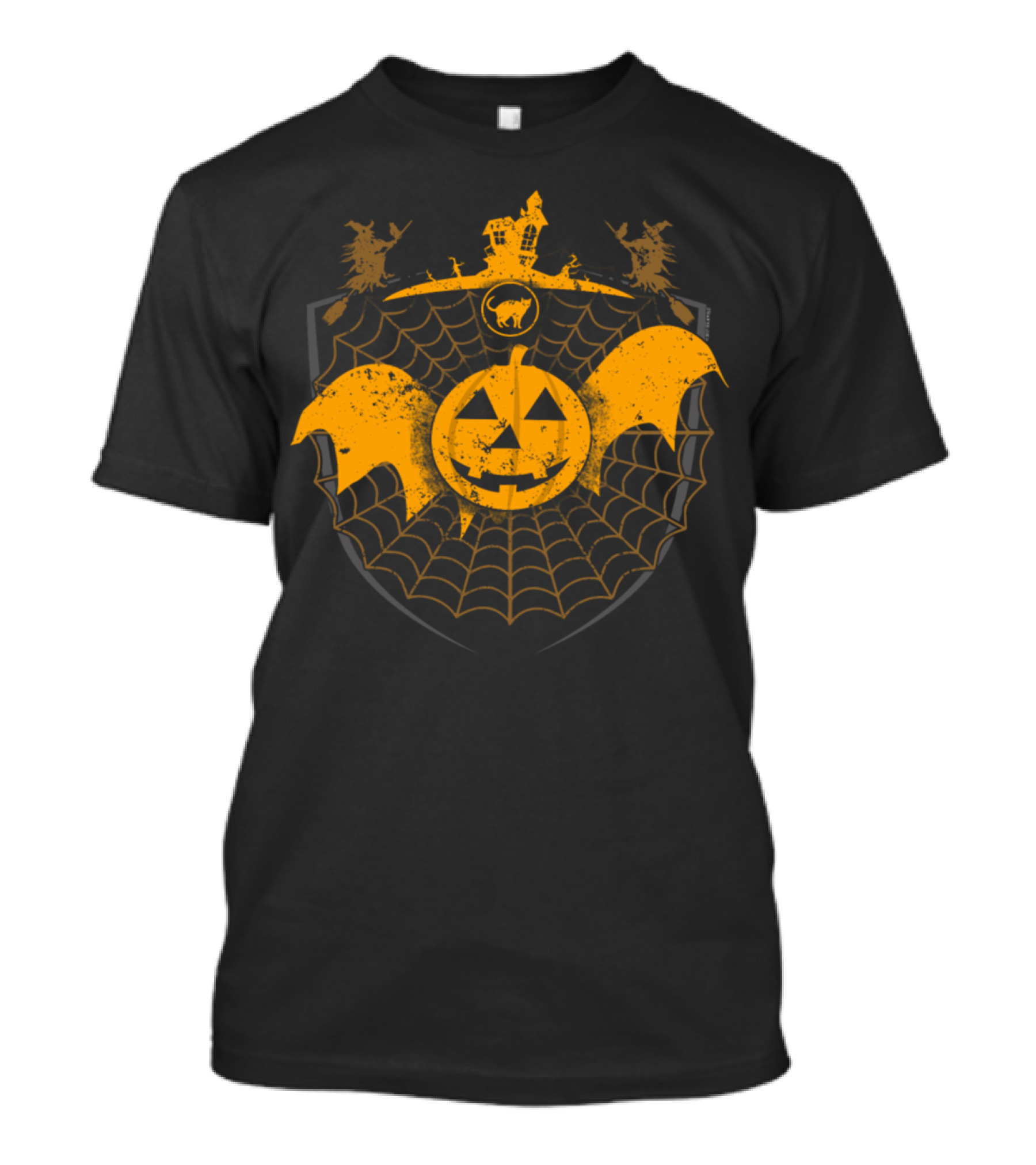 Halloween Pumpkin Witch With Haunted House And Bat Wings T-Shirt