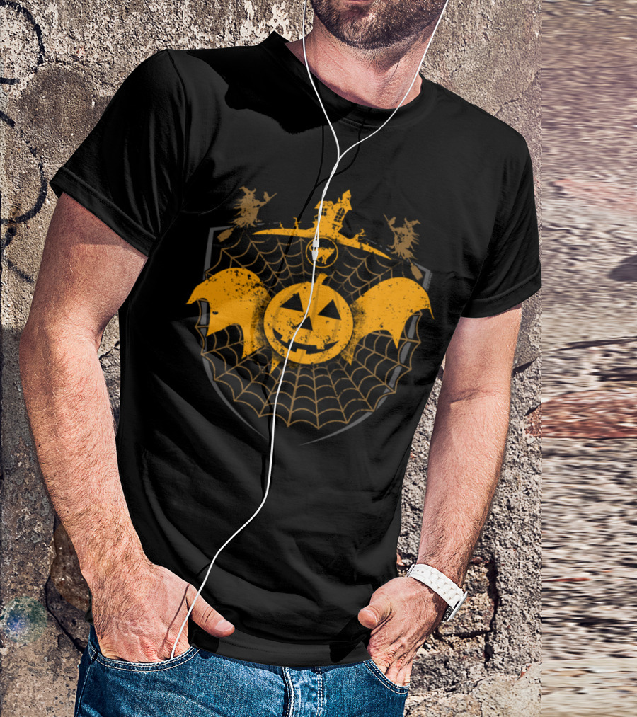 Halloween Pumpkin Witch With Haunted House And Bat Wings T-Shirt