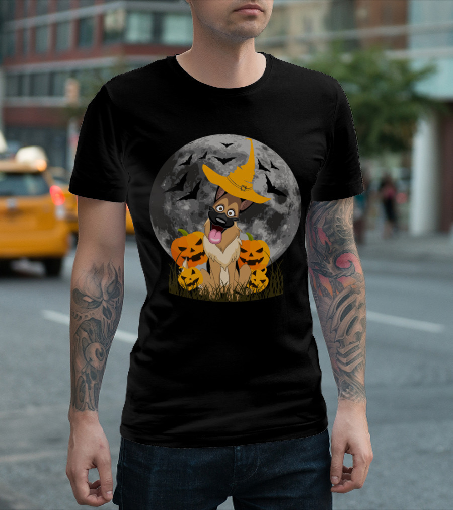 Dog with Witch Hat and Jack-O'-Lanterns in Full Moonlight T-Shirt