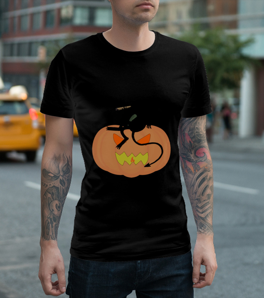 Halloween Smoking Devil on Jack-O'-Lantern Pumpkin T-Shirt