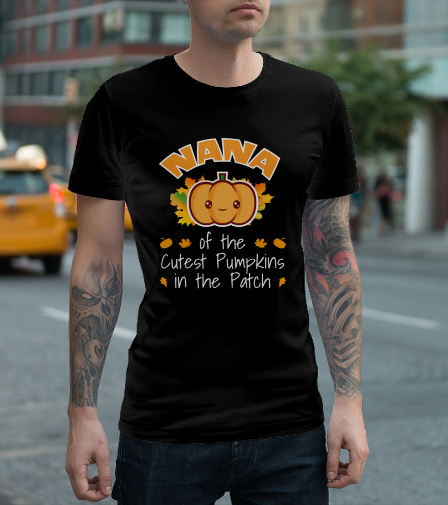 Nana of the Cutest Pumpkins in the Patch with Smiling Pumpkin and Autumn Leaves T-Shirt