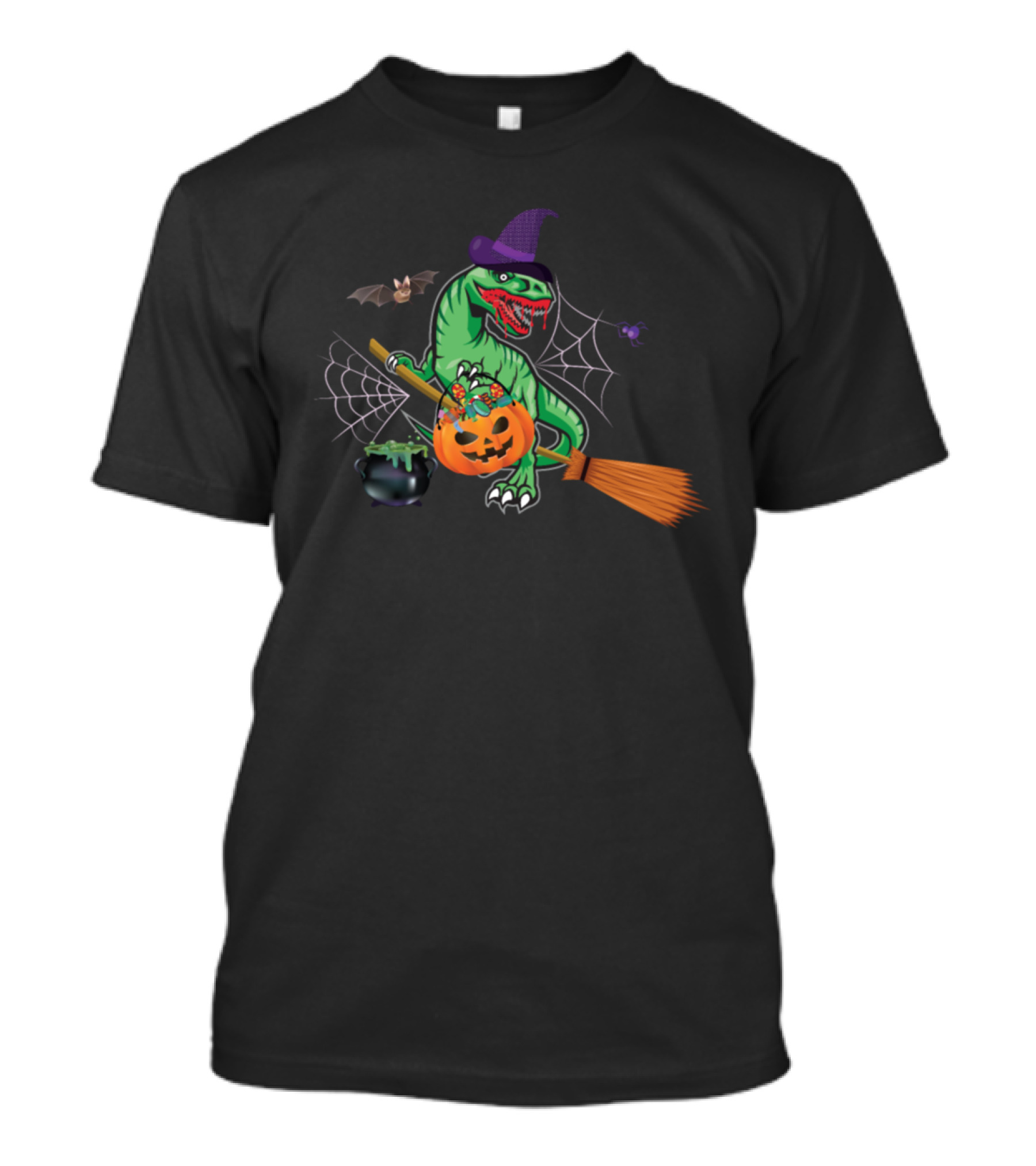 Halloween Bloody Dinosaur Pumpkin Witch With Broomstick And Cauldron T-Shirt