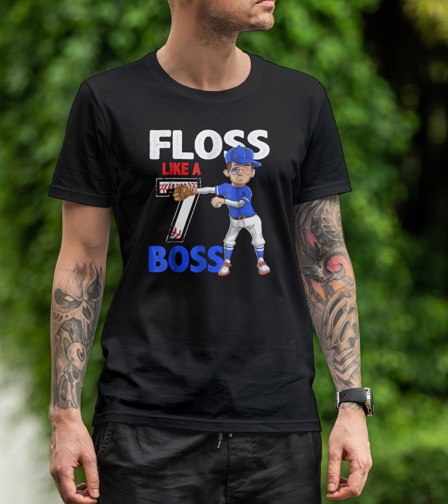 Floss Like A 7 Boss 7 Year Old Birthday Baseball 7th T-Shirt