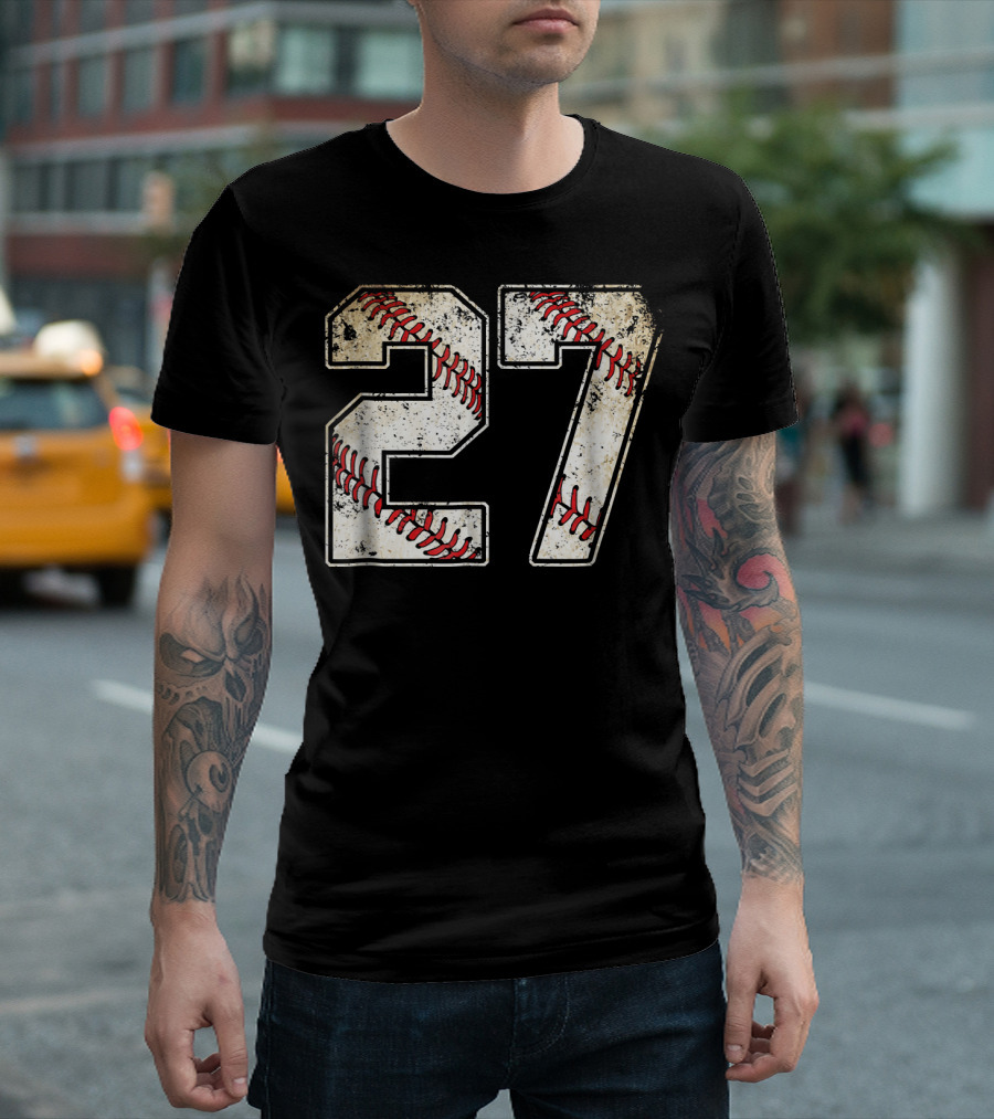 27 Baseball Stitch Number Distressed Sports T-Shirt
