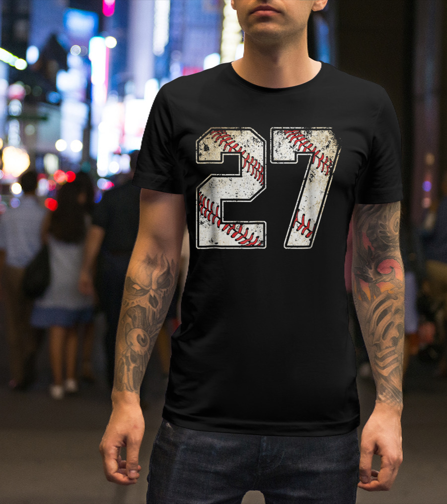 27 Baseball Stitch Number Distressed Sports T-Shirt