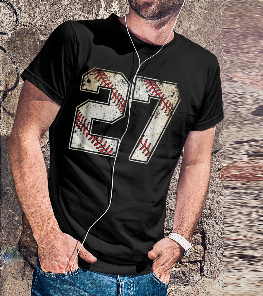 27 Baseball Stitch Number Distressed Sports T-Shirt