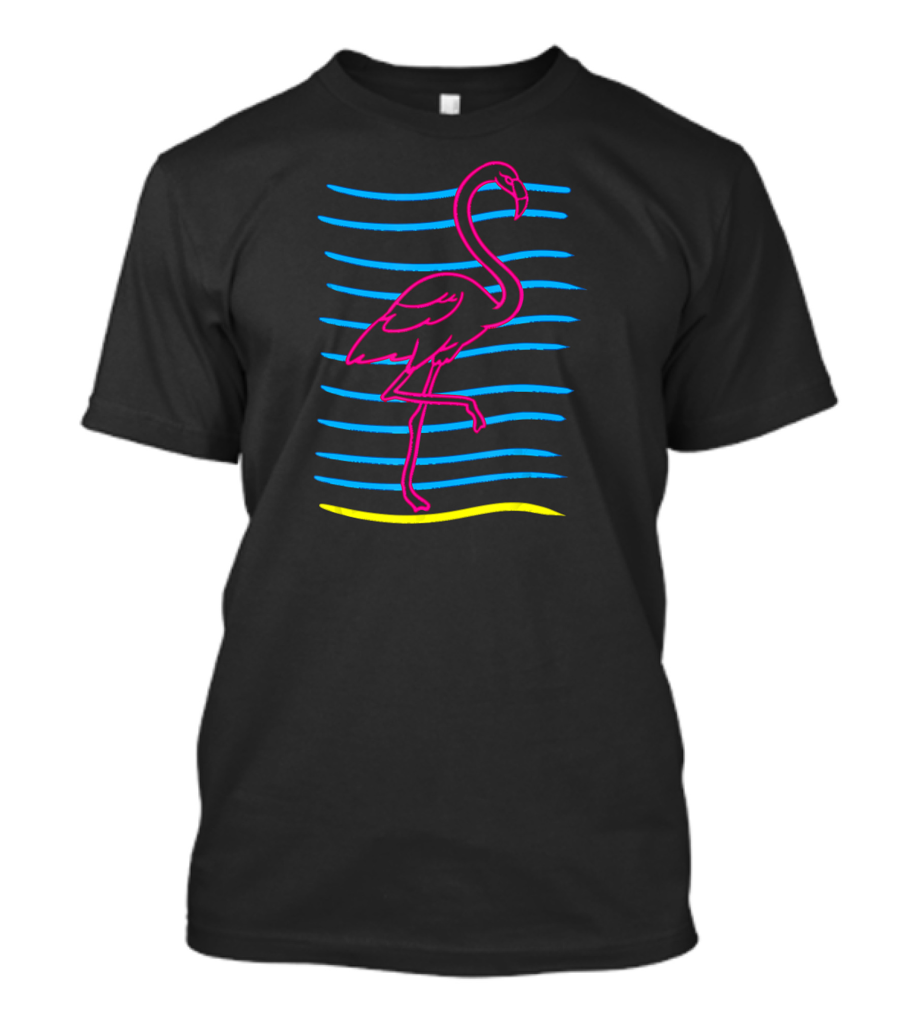 Retro 80s Neon Pink Flamingo Bird With Blue And Yellow Waves T-Shirt