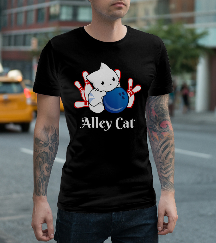 Alley Cat Blue Bowling Ball with White Cat and Red Pins T-Shirt