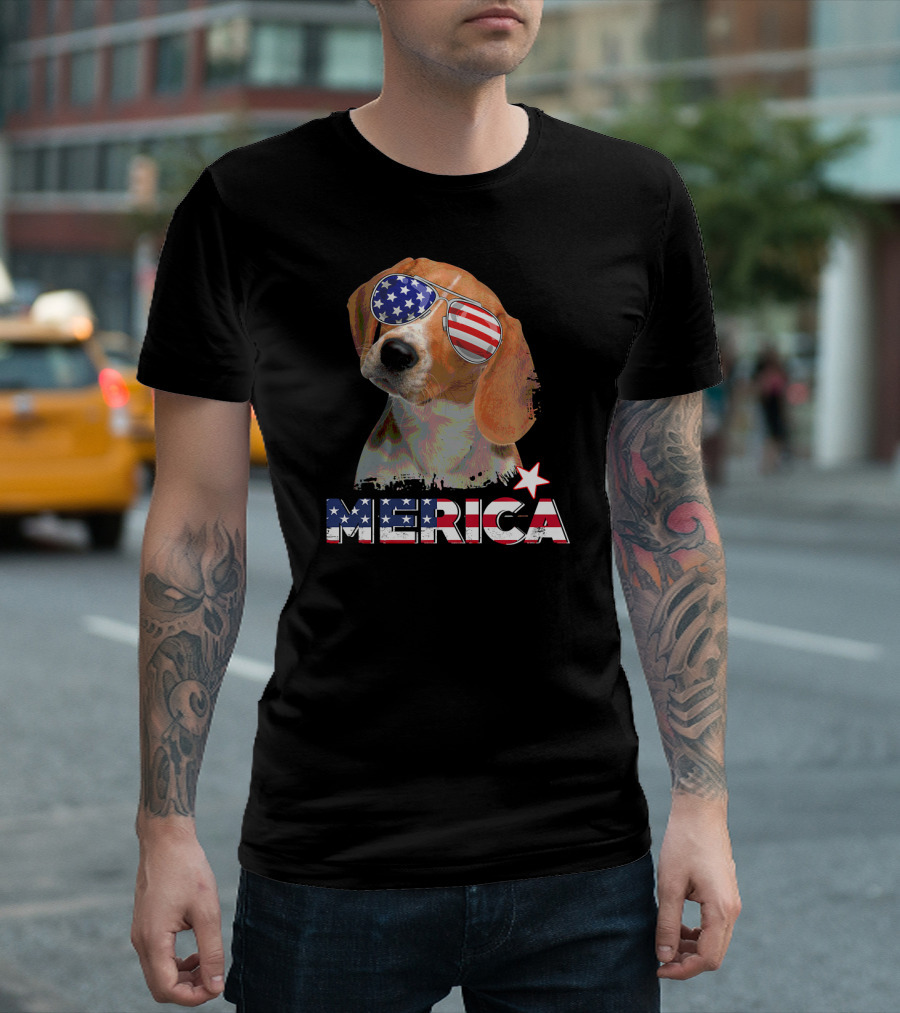 Merica Patriotic Beagle with American Flag Sunglasses T-Shirt